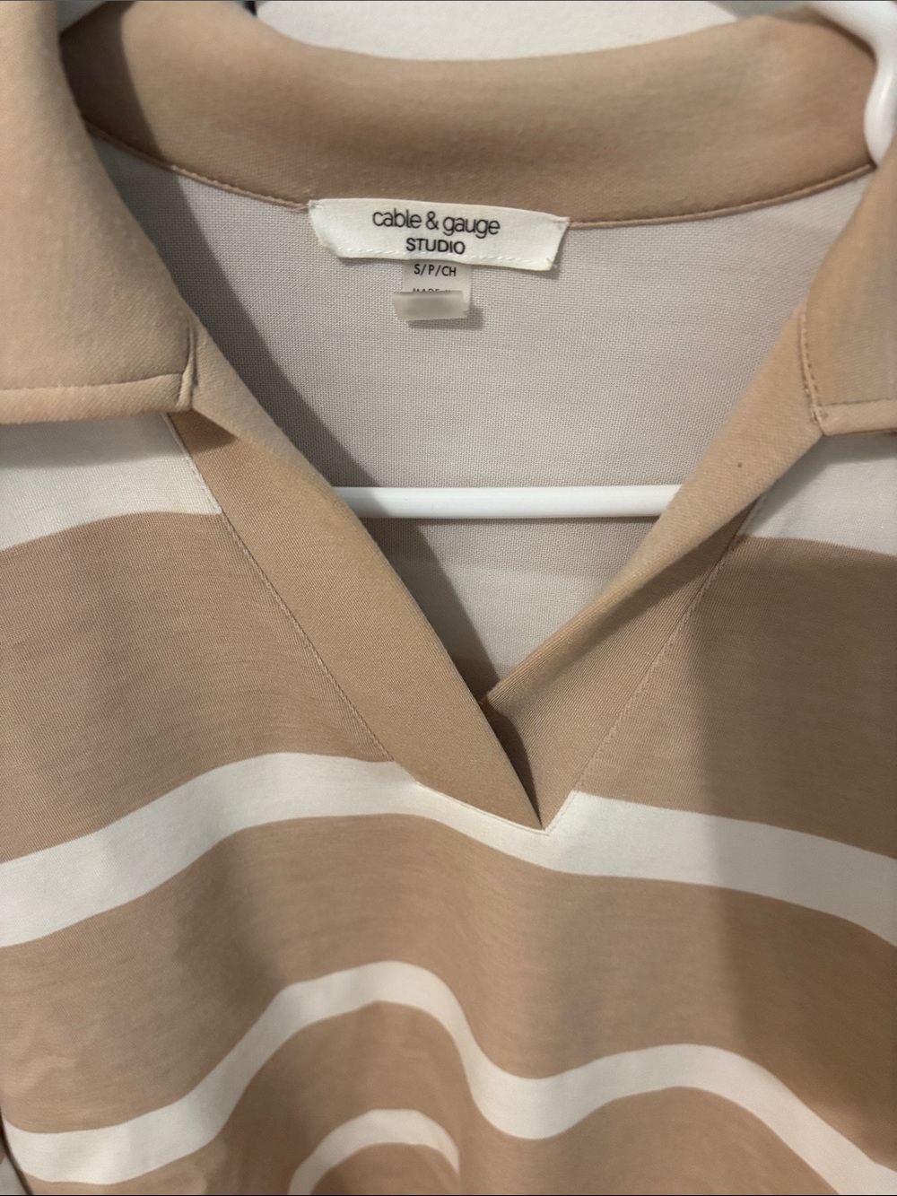 Cable & Gauge Beige and White Striped Long Sleeve Polo Sweatshirt - Picture 4 of 4